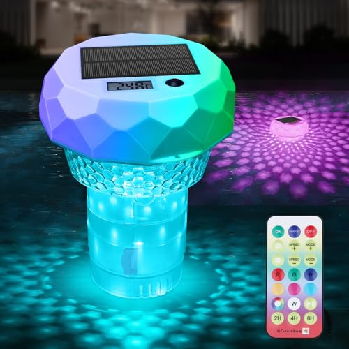 Qoolife Flotador de Cloro con luz Solar y termómetro, dispensador Flotante Ajustable con Mando a Distancia para Piscinas, estanques, spas y bañeras de hidromasaje, Apto para tabletas de 1 y 3