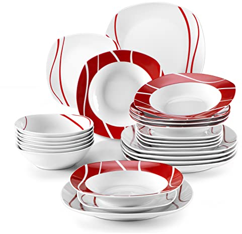 MALACASA, Serie FELISA, Juego de Vajilla de Porcelana de 24 Piezas para 6 Personas, Incluye Platos Llanos, Platos de Postre, Platos de Sopa y Cuencos para Cereal, con Diseño de Motivo de Líneas Rojas