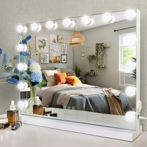 Meidom Hollywood Spiegel mit Beleuchtung, mit USB, Aluminiumrahmen 3 Farbtemperatur Licht, 15 Dimmer-LED-Leuchten, Touch Steuerung Schminkspiegel 58x46cm Weiß