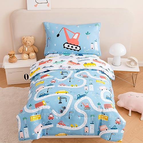 STYHO Single Duvet Cover Cartoon Cars Pattern Kids Bedding Sets for Boys Girls Teens Reversible Colorful Blue Vehicles Cranes Children Duvet Cover Sets(Blue, Single)