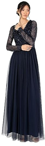 Women's Maxi Dress Ladies Embellished Wrap Tulle Frilly V-Neck Long Sleeve for Wedding Guest Bridesmaid Prom Ball Gown, Navy, 42