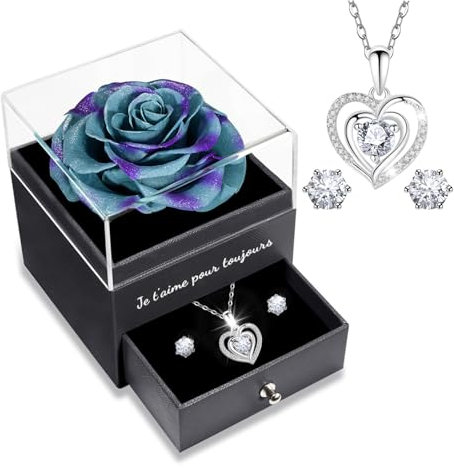Sunia Rose Eternelle avec Bijoux Argent 925,Collier Coeur Boucles d'oreilles,Coffret Cadeau Femme,Rose Préservée avec Collier,Cadeau Anniversaire Femme,Amour Cadeau,Fete des Meres,Noël,Saint-Valentin