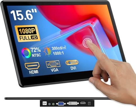 15.6 Portable Touchscreen Monitor, FHD 1920×1080 IPS Ra Pi Touch Screen Monitor for Laptop HDMI VGA DVI 10-Point Touchable Display VESA 75x75 Mountable for Laptops PC Pi POS Kiosk Home Industrial