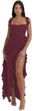 GETMINT Vestido largo entallado con tirantes delgados y abertura alta para mujer, cuello cuadrado, espalda descubierta, vestido de fiesta, club, vestido de noche, rojo vino, L