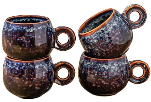 KYBSCZ Juego de 4 tazas de café expreso de cerámica, tazas Demitasse de 3 onzas, mini tazas de café de porcelana, juego de tazas de cerámica pequeñas hechas por Fambe Reactive Glaze, moteado negro y