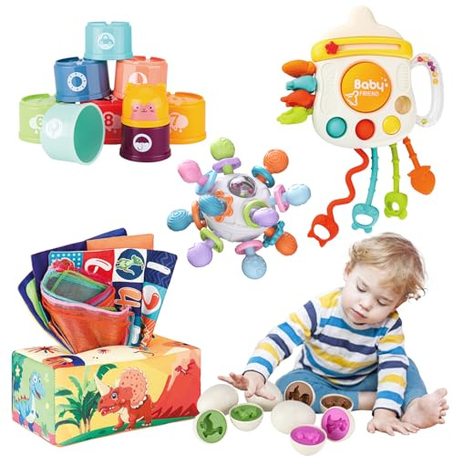 KADAYAYA Jouets pour bébés de 6 12 18 Mois, Jouets sensoriels Montessori Tout Petits, œufs de Dinosaures, Jouets de Dentition, gobelets empilables, boîte à mouchoirs, Jouets à Ficelle à Tirer