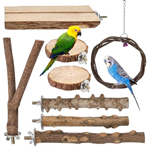 Naturholz Sitzstangen für Wellensittiche, 8 Stück Natur Sitzstangen Set für Vögel, Vogelschleifklauen Klettern Stehend Papageienspielzeug Vogelkäfig Zubehör für Kanarienvogel Nymphensittich