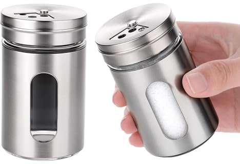 2Pcs Salt and Pepper Shakers Set with Adjustable Pour Holes Salt Shaker with Stainless Steel Lid Stainless Steel Spice Dispenser Ideal for Pink Himalayan, Table Salt, Black and White Pepper (2.4 oz)
