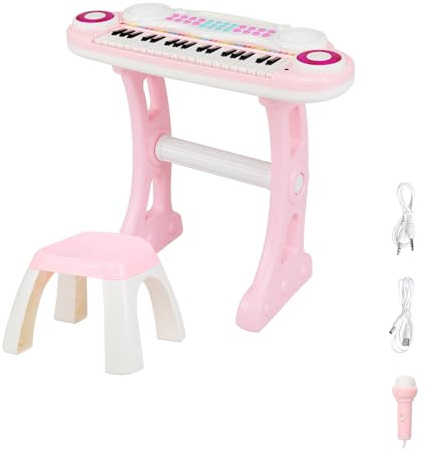GOPLUS 37 Tasten Spielzeugkeyboard, Klaviertastatur mit Mikrofon, Lichtern & Hocker, Keyboard mit 8 Rhythmen & 8 Instrumentenklängen für Kinder ab 18 Monaten (Rosa)