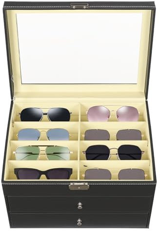 TAPMING Custodia per occhiali, 3 strati, 24 scomparti, scatola per occhiali da sole, con copertura in vetro trasparente, colore nero, Nero , 34*25*19cm