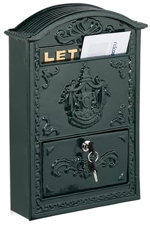 Relaxdays Buzón Exterior Vintage, Casillero Correo Adornado, 42 x 28 x 10 cm, Ranura Cartas A4, 2 Llaves, Verde/Dorado, Aluminio, Hierro