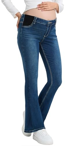 Leovqn Women's Maternity Bootcut Jeans High Waist Side Panel Pregnancy Jeans Flare Stretchy Denim Pants with Pockets Dark Blue