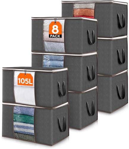 Lifewit Scatole per Vestiti, Scatole per Armadio, Contenitori Sottoletto, Contenitori per Armadio Salvaspazio per Indumenti, Coperte, Biancheria da Letto, Grigio, 105 L, 8 Pezzi