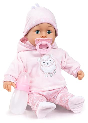 Bayer Design Interaktiv babydocka, talande, mjuk kropp, 38 cm | sömniga ögon, napp, flaska, för barnens rollspel