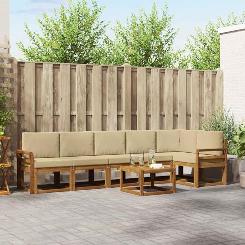 YunCangg Outdoor Sofa Set 7-Piece Solid Acacia Wood with Beige Cushions, Modular for Garden, Patio and Balcony, Weatherproof, Comfortable and Space-Saving for Relaxed Seating Groups