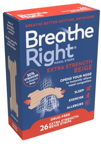 Breathe Right Extra Strength Beige 26 Pieces, Nasal Strips for Snoring, Nose Strips for Breathing, Blocked Nose Relief, Drug-Free Snoring Aid for Men and Women, Pack of 26