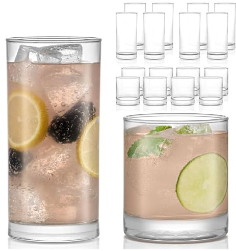 Libbey Province Tumbler and Rocks Glass Set, Elegant Drinkware Glasses Set, Tall Drinking Glasses with Modern Lines, Dishwasher Safe Drinking Glasses, 16 Piece Assortment