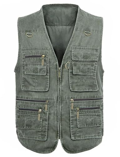 Flygo Men's Vest Plus Size 16 Pockets Leisure Outdoor Lightweight Fishing Photo Journalist Vest (Army Green, Large)