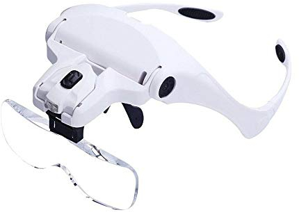 Bysameyee Lupenbrille mit Licht, Lupe Stirnband Brille Hände Frei Kopfband Lupen Standlupe mit 2 LED für Hobby, Denest, Elektriker, Juweliere, Nähen, Handwerk, ältere Menschen-5 Wechselobjektive