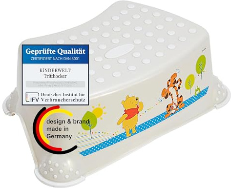 KINDERWELT Vit pärla premium trappstege Disney Nalle Puh stabil pall för barn med halkfri funktion vit pärla med unik korn individuell behaglig glittereffekt