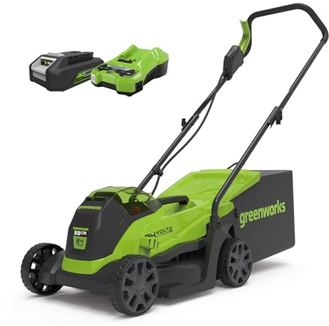Greenworks 24V Kabelloser Akku Rasenmäher mit bürstenlosem Motor für kleinere Flächen bis zu 140 m², 33 cm Schnittbreite, 30-Liter-Sack PLUS 24V Akku & Ladegerät, 3 Jahre Garantie-GD24LM33K2