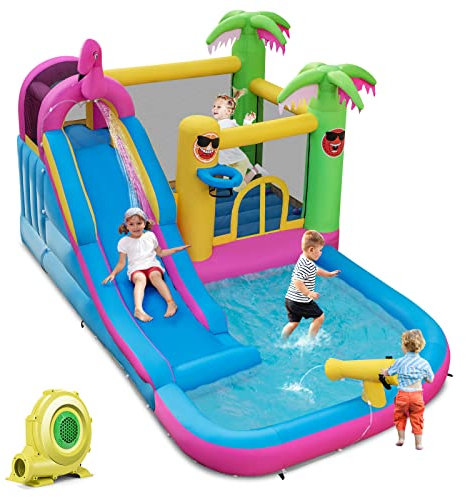 COSTWAY Castello Gonfiabile Fenicottero con Soffiatore 680W, Gonfiabile per Bambini con Scivolo, Area di Salto, Piscina e 50 Palline, Spruzzi, Arrampicata, Cannone e Canestro, 300 x 450 x 260 cm