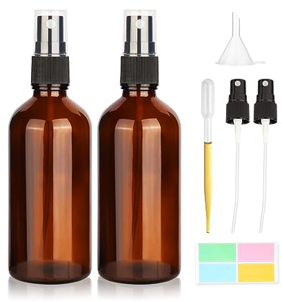 2Pcs Vaporisateurs en verre ambré de 100 ml bouteilles vides avec atomiseurs pour huiles essentielles et parfums - entonnoir, 2 pompes vaporisatrices, compte-gouttes en plastique de 3 ml et étiquettes