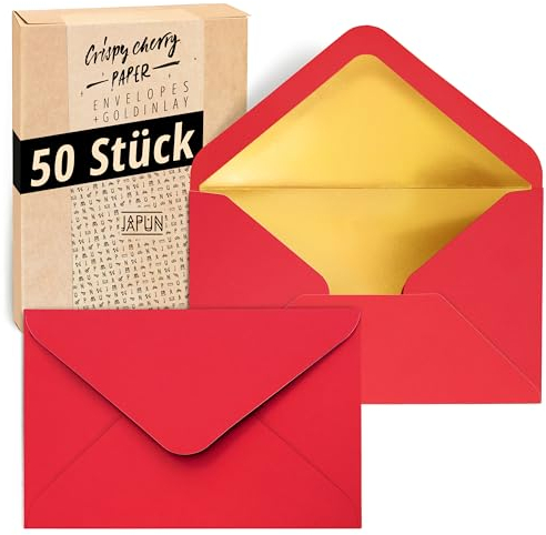 Japun – Briefumschläge (50 Stück), Kuvert, Umschlag ohne Fenster - DIN C6-162 x 114 mm - innen: Gold - Papier-Farbe: rot