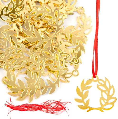 BETESSIN 24pz Corona Alloro Laurea Ciondoli per Bomboniere Dorata in Acrilico Corona d’Alloro Pendenti Ornamenti Decorativi con Nastro Rosso Corona Alloro Ciondolo per Decorazione Laurea Bomboniere