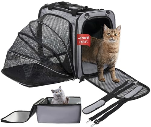 Cat Carrier with Litter Box for Large Cats, Expandable Cat Carrier for Car Travel Long Distance, Dog Carrier for Pets up to 20 lbs, Gray