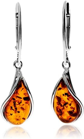 SilverAmber Jewellery UK - Genuine Cognac Baltic Amber set in 925 Sterling Silver Drop/Dangling Teardrop Modern Earrings - G029C