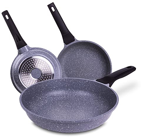 La Moustache - Set de Sartenes de 20/24/28 cm【Ebook +40 Recetas】con Antiadherente, sin PFOA/PFOS, Juego Apto para Inducción, Batería de Cocina Profesional de Aluminio, Mangos Antiquemadura (Pierre)