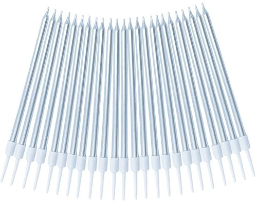 Festa Centro (Argento) 24 Pezzi Candele per Feste e Compleanni, Candela di Compleanno Metalliche, per Anniversario, Nozze, Candele Decorazioni Torte Compleanno