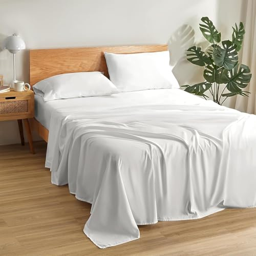 Filo Magico 100% Cotton 3 Piece Sheets Set, 200 Thread Count Luxury 30cm Deep Fitted Sheet, Flat Bed Sheet & Pillowcases, Ultra Soft Easy Care Hotel Quality Bedding Sheets Set (White, King)