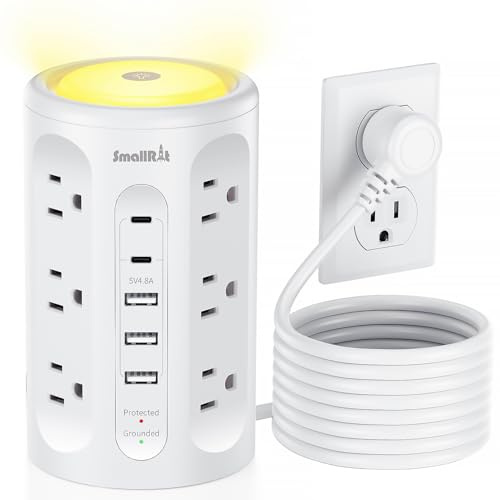 Power Strip Tower with Night Light, Surge Protector Tower with Multiple Outlets (12AC+3A+2C), 10 FT Extension Cord Charging Station for Home, Office, Dorm Essentials (White)