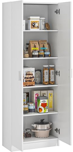 HOMCOM Armadio Multiuso con Ante Battenti, 5 Ripiani e 3 Livelli Regolabili, Mobiletto Multiuso Credenza in Legno Truciolato per Cucina, Scarpe, Ingresso, Camera da Letto Bagno, 60x31.5x165 cm, Bianco