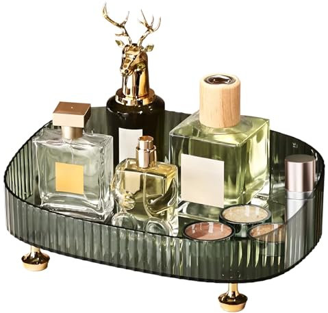 Makeup Perfume Organiser, Thick Material Desktop Storage Bathroom Vanity Tray with Non-slip Bottom, Perfume Dressing Decorative Countertop Organiser Tray for Cosmetics, Table, Green 10.6x7.4x3.5In