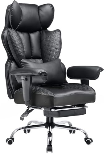 COMHOMA Silla de Oficina Grande y Alta, Silla ergonómica para Juegos de 180 kg de Ancho con Relieve de Lujo, Cuero diseñado con reposapiés, reposabrazos Ajustables de 150 °, Bolsillo, Resorte
