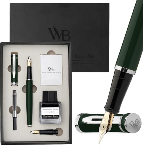 Wordsworth & Black Reservpennpresentset, Spets M & Extra Fin Spets, Grön | Reservpenna, För Män & Kvinnor, Mässing, 18K Tyskt Iridium, Bläckflaska + 6 Bläckpatroner, Omvandlare, Kalligrafi