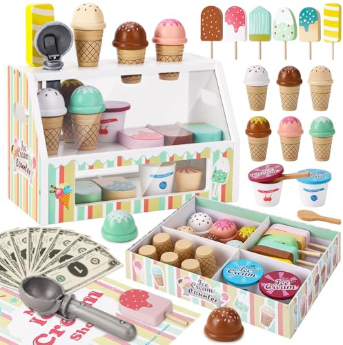 Wooden Ice Cream Set for Kids: 46 PCS Wooden Ice Cream Counter Shop Pretend Play Kitchen Food Toys, Children Role Play Kitchen Accessories Playset for 3 4 5 6 Year Old Girls Boys Birthday Gifts