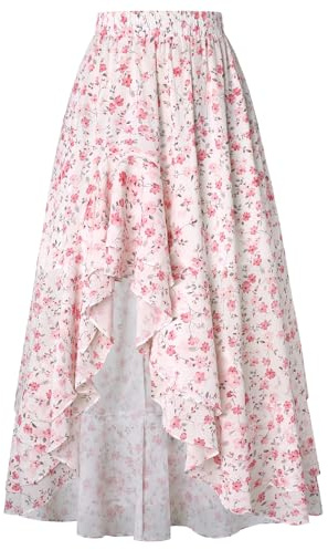 Women's Floral Maxi Skirts Summer Boho Flowy Long Skirt Pink L