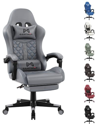 Gamtimer Gaming Stuhl,Großer Gaming Chair,Ergonomischer Bürostuhl mit Fußstütze,Gaming Stuhl 200kg,PU Leder Gaming Sessel,Höhenverstellbarer 360°Drehstuhl(Grau)