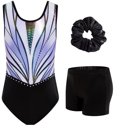 JiAmy Justaucorps de gymnastique pour filles – Tenue de ballet scintillant avec short et chouchou – Ensemble 3 pièces de 3 à 12 ans