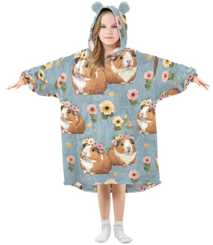 Kids Oversized Blanket Hoodie, Capybara Flower Warm Fleece Sweatshirt Plush Wearable for Girls Boys, Front Roomy Pocket, Cute Ear Cap, Small