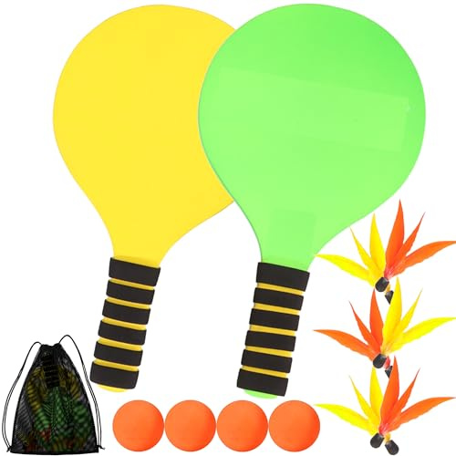 Set da Racchette da Spiaggia, 2 Racchettoni da Spiaggia in Legno con 4 Palline & 6 Palla Piumata e Borsa, Gioco Estivi all’Aperto per Mare Giardino, Beach Rackets Pool Party per Bambini Adulti