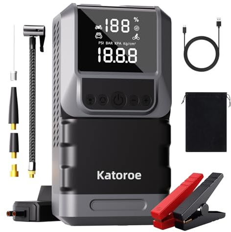 Arrancador de Coches 6000A con Compresor, 150PSI Inflador de Neumáticos, Arrancador de Baterias de Coche(10L Gasolina o 8L Diésel), 12V Jump Starter con Pantalla LED, Luz de Emergencia