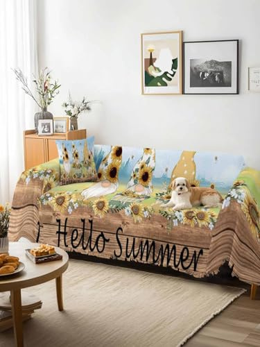 Gnomes Sunflower Sofa Cover Blanket Couch Covers for Armchair Cushion,Couch Sofa Silpcover with Tassel,Elegant Pastoral Summer Botanical Wooden Living Room Throw Towel Blanket Covers XX-L 71x150