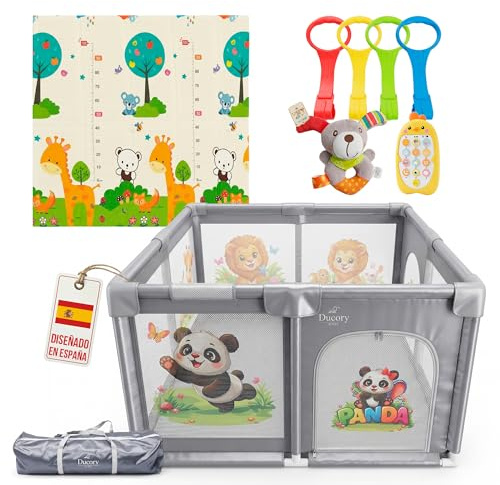 Ducory Parque Infantil Bebe 120X120 X75cm Altura, 2 Puertas, Alfombra Acolchada Plegable, Incluye Bolsa de Transporte + 4 Agarraderas + Juguete Educativo Musical + Sonajero, Corralito Bebe