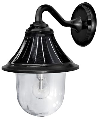 Gama Sonic Orion Outdoor Solar Wall Light, 150 Lumens LED Warm White Light 2700K, Durable Black Resin Industrial Style Downlight Sconce, Dusk-to-Dawn