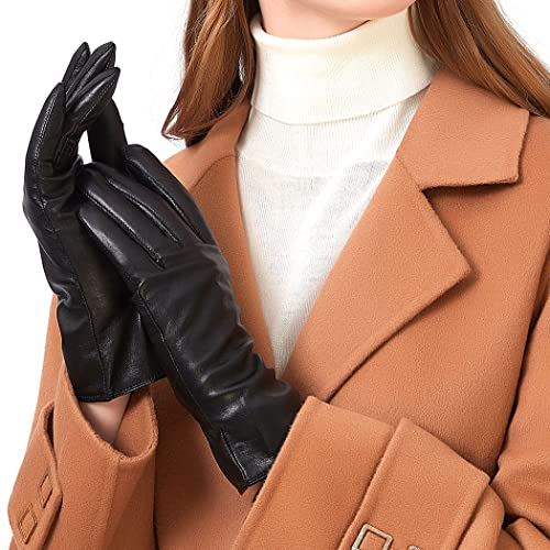 ZLUXURQ Damen Leder Handschuhe echtes Lammleder und mit Kaschmir Wolle gefütterte warme Winter Handschuhe